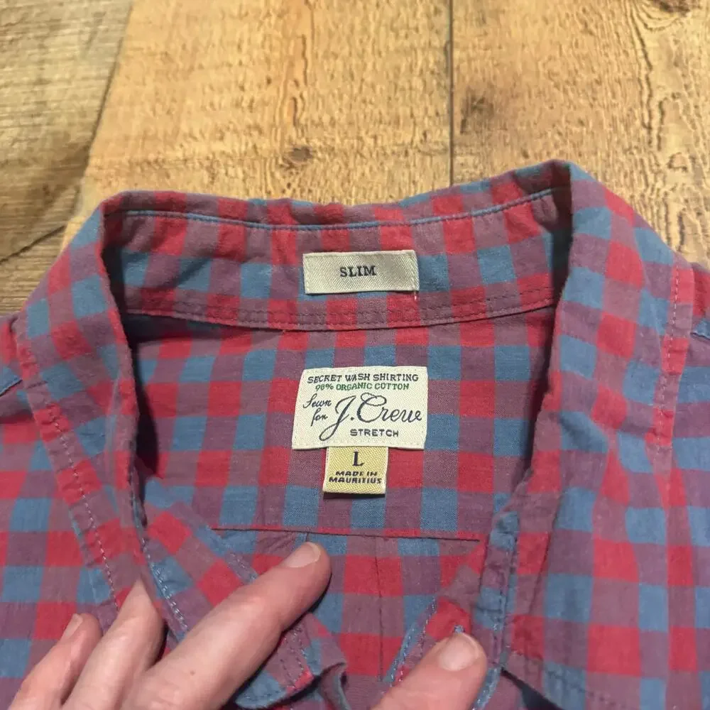 J. Crew Men's Blue Pink Plaid Button Down Shirt Sz L Slim Preppy Classic Stretch